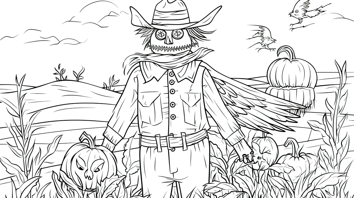 Eerie scarecrow coloring page with pumpkins background scarecrow coloring picture scarecrow autumn background image and wallpaper for free download