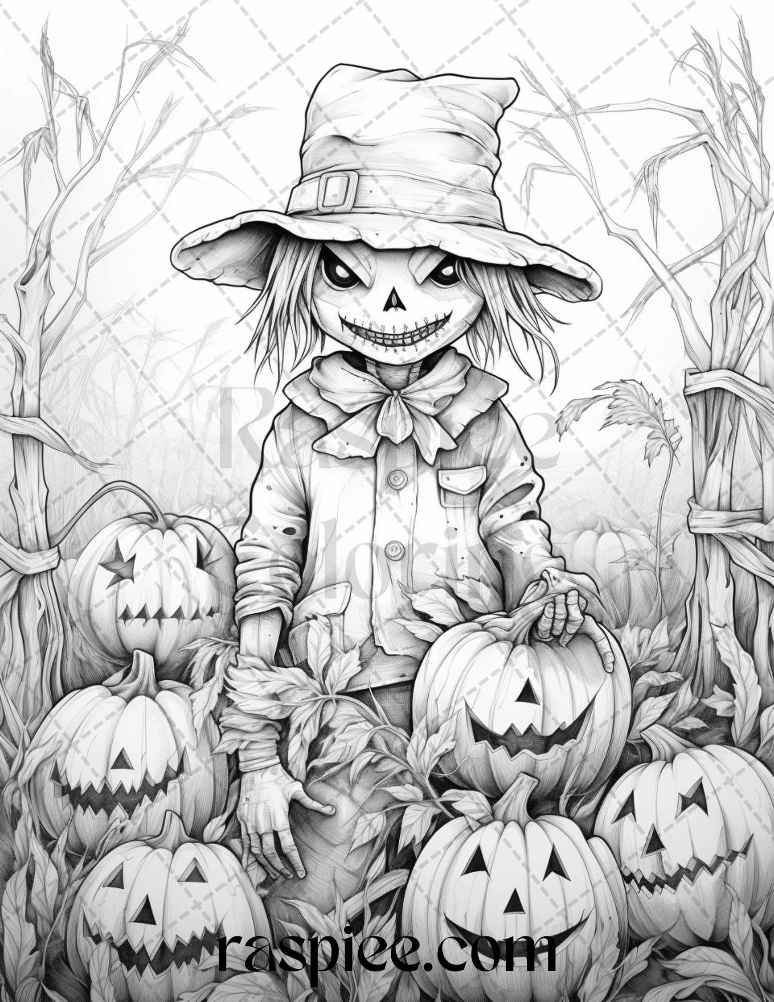 Halloween scarecrows grayscale coloring pages printable for adults â coloring