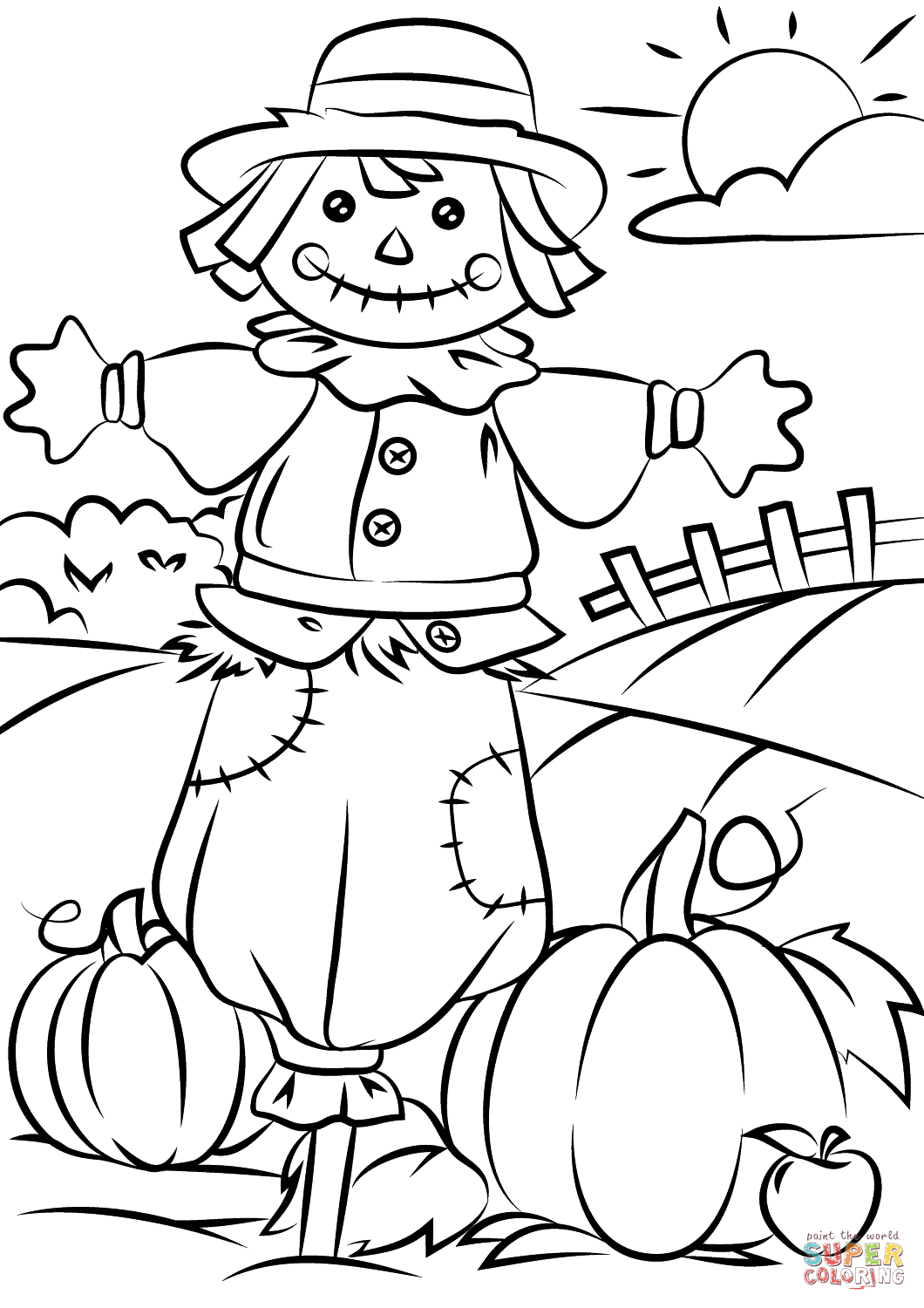 Autumn scene with scarecrow coloring page free printable coloring pages