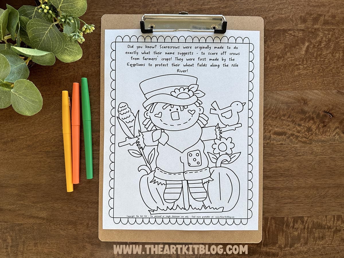 Scarecrow coloring page with fun facts free printable â the art kit