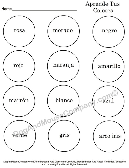 Learn your colors in spanish aprende tus colores coloring page wor â dog and mouse pany