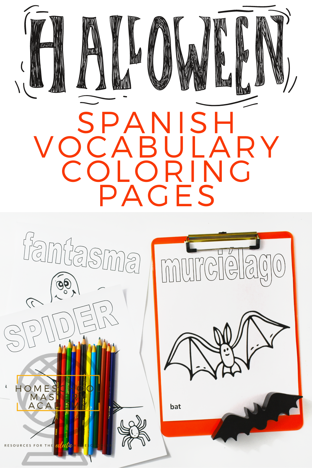 Halloween spanish vocabulary coloring printable pages