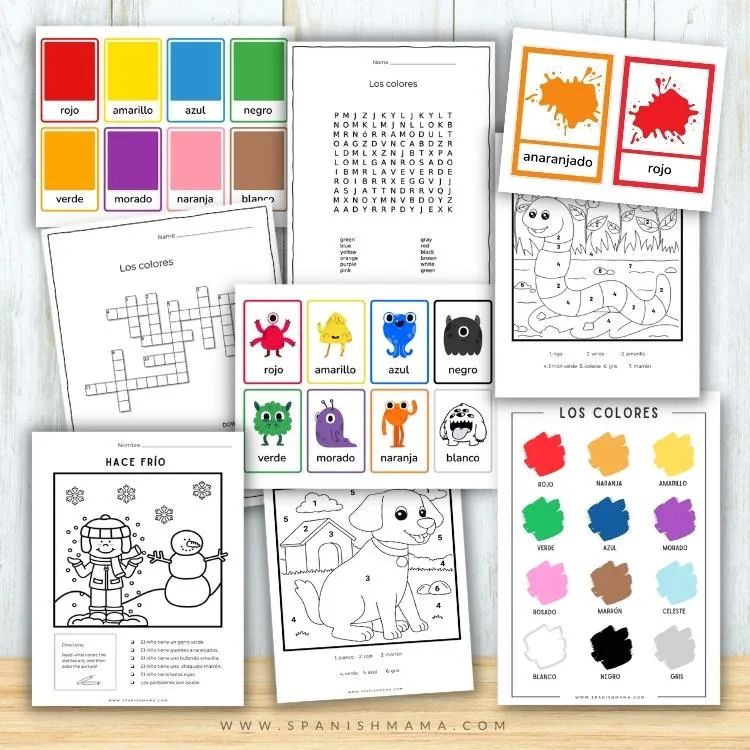 The colors in spanish printable worksheets and flashcards