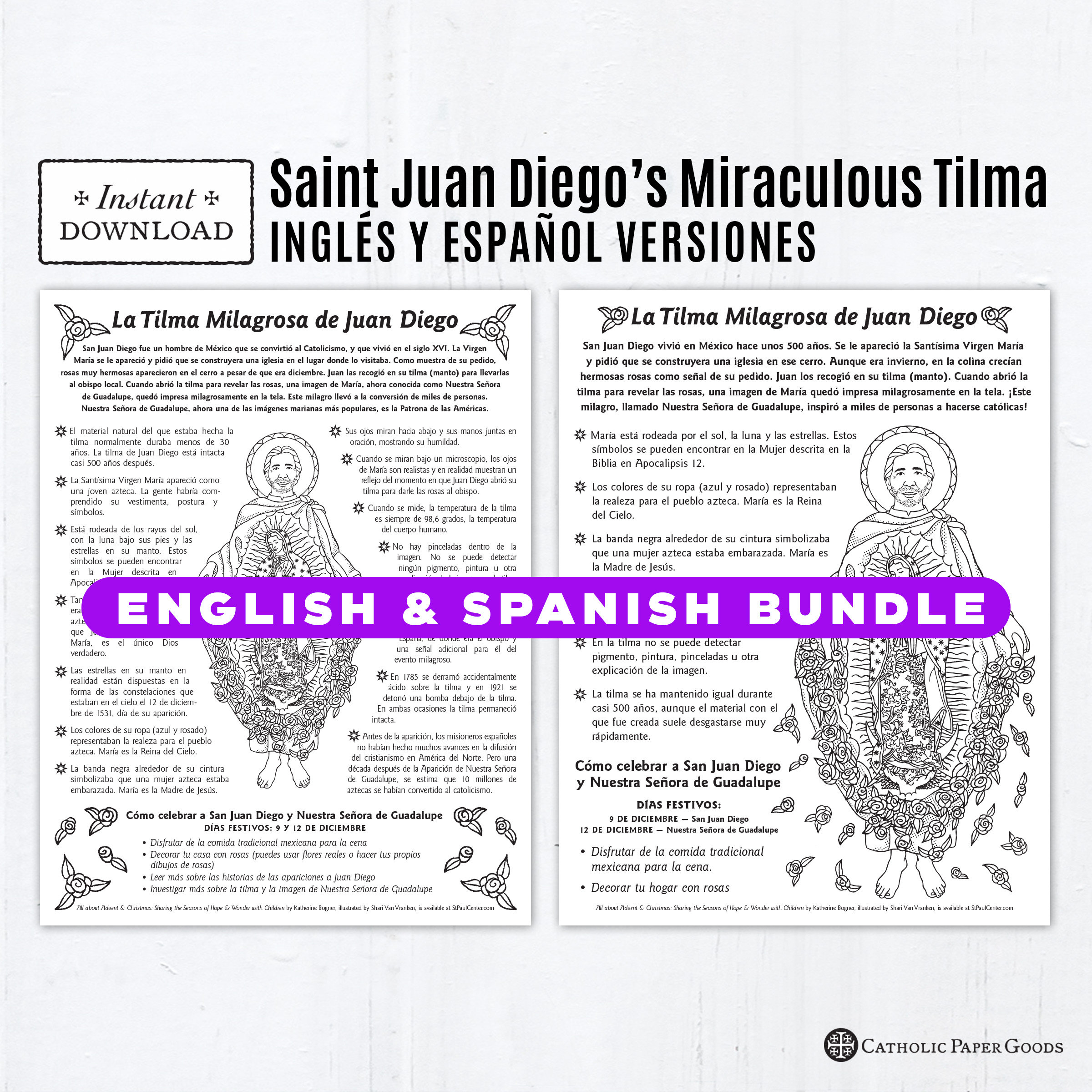 The miraculous tilma of juan diego in english spanish coloring page and fact sheet printable coloring pages inglãs y espaãol versiones