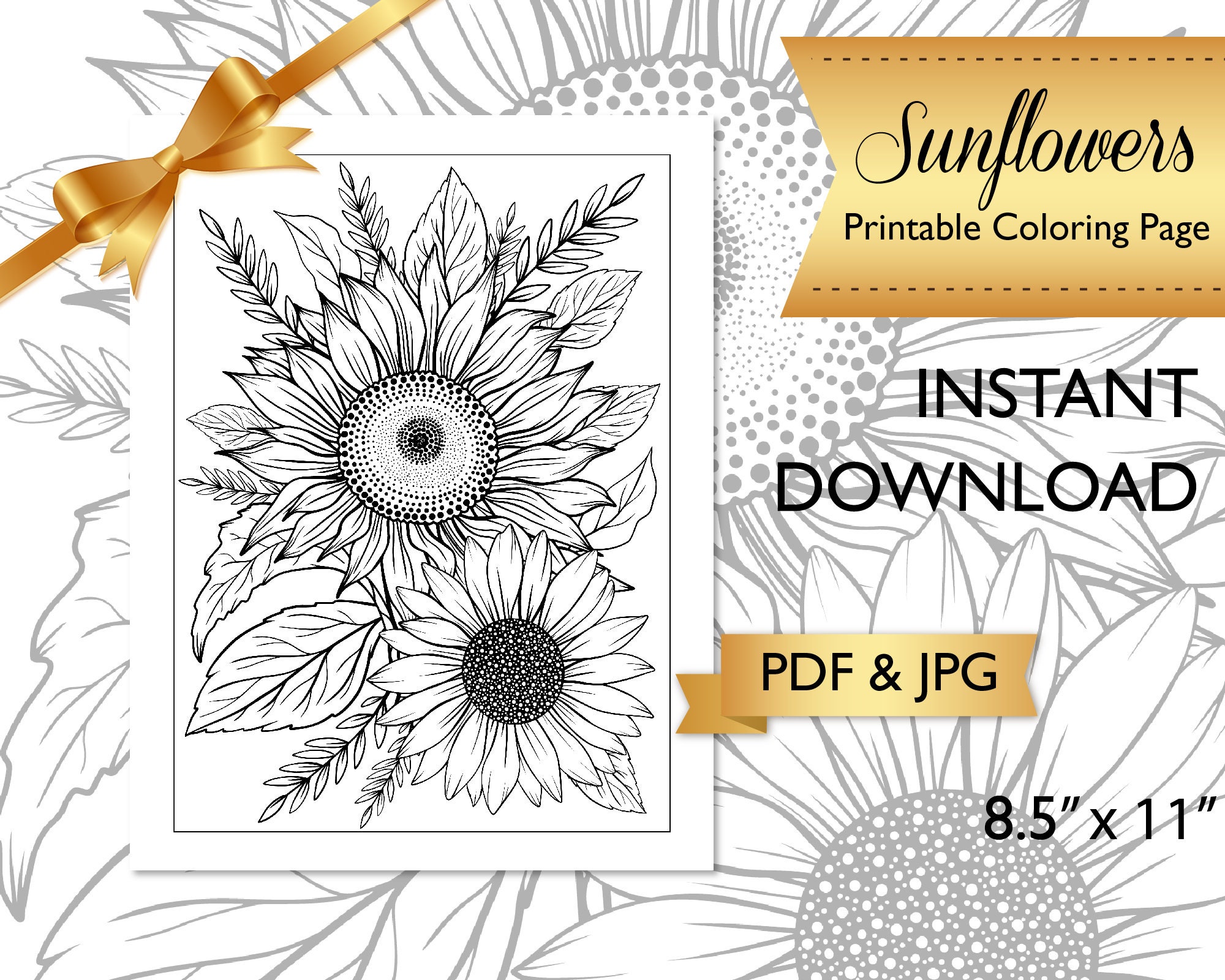 Printable adult coloring page flower coloring page for adults sunflowers coloring page pdf coloring at home meditative coloring v