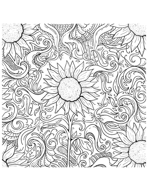 Premium vector beautiful black and white hand drawing sunflower coloring pages and coloring book for kids and adult