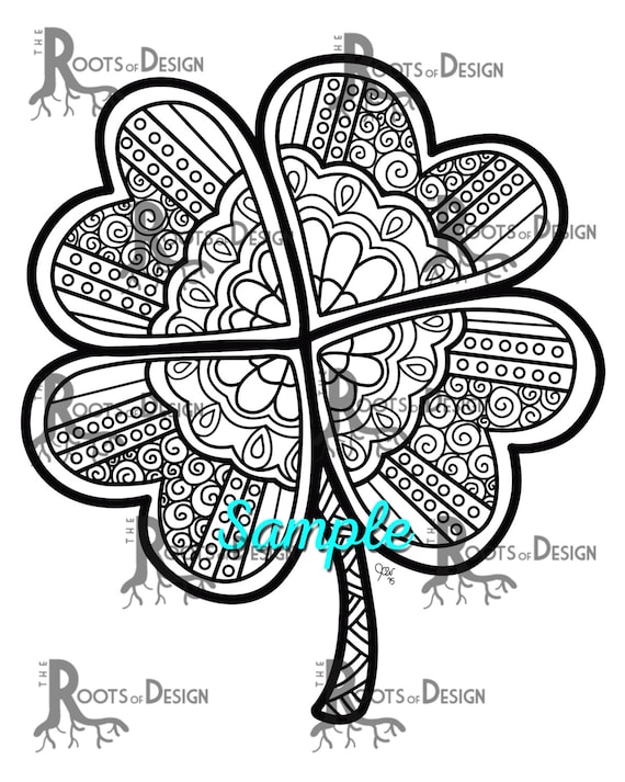 Instant download coloring page four leaf clover shamrock print zentangle inspired doodle art printable