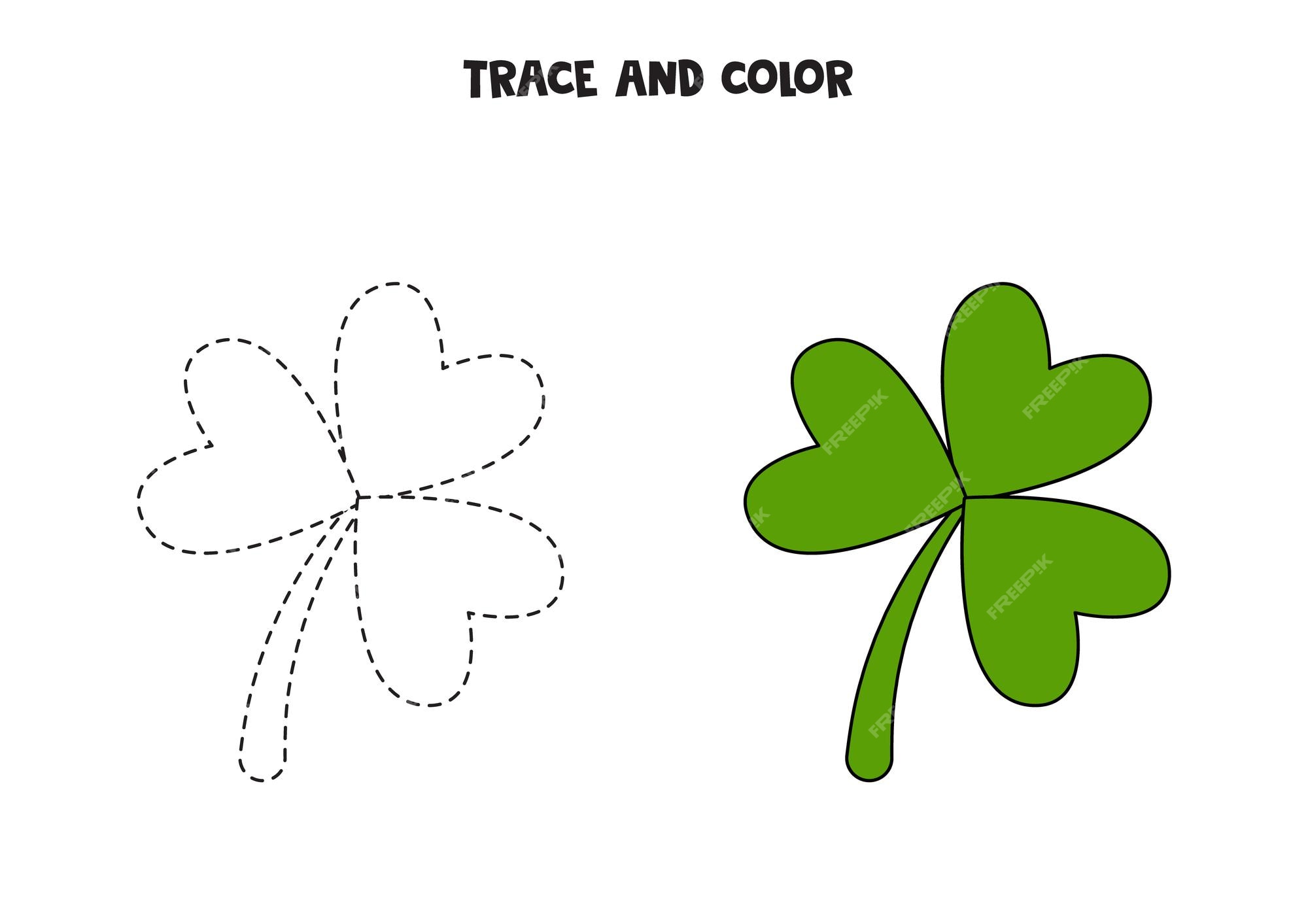 Premium vector trace and color three leaf clover shamrock worksheet for children