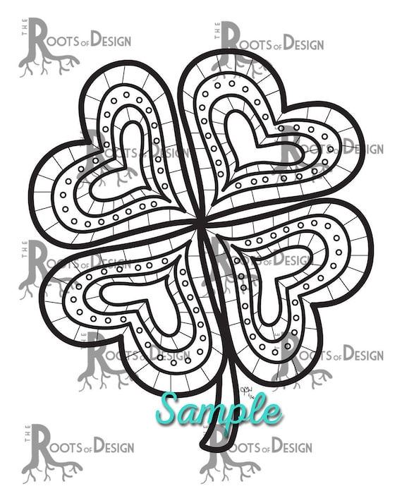 Instant download coloring page four leaf clover shamrock print zentangle inspired doodle art printable