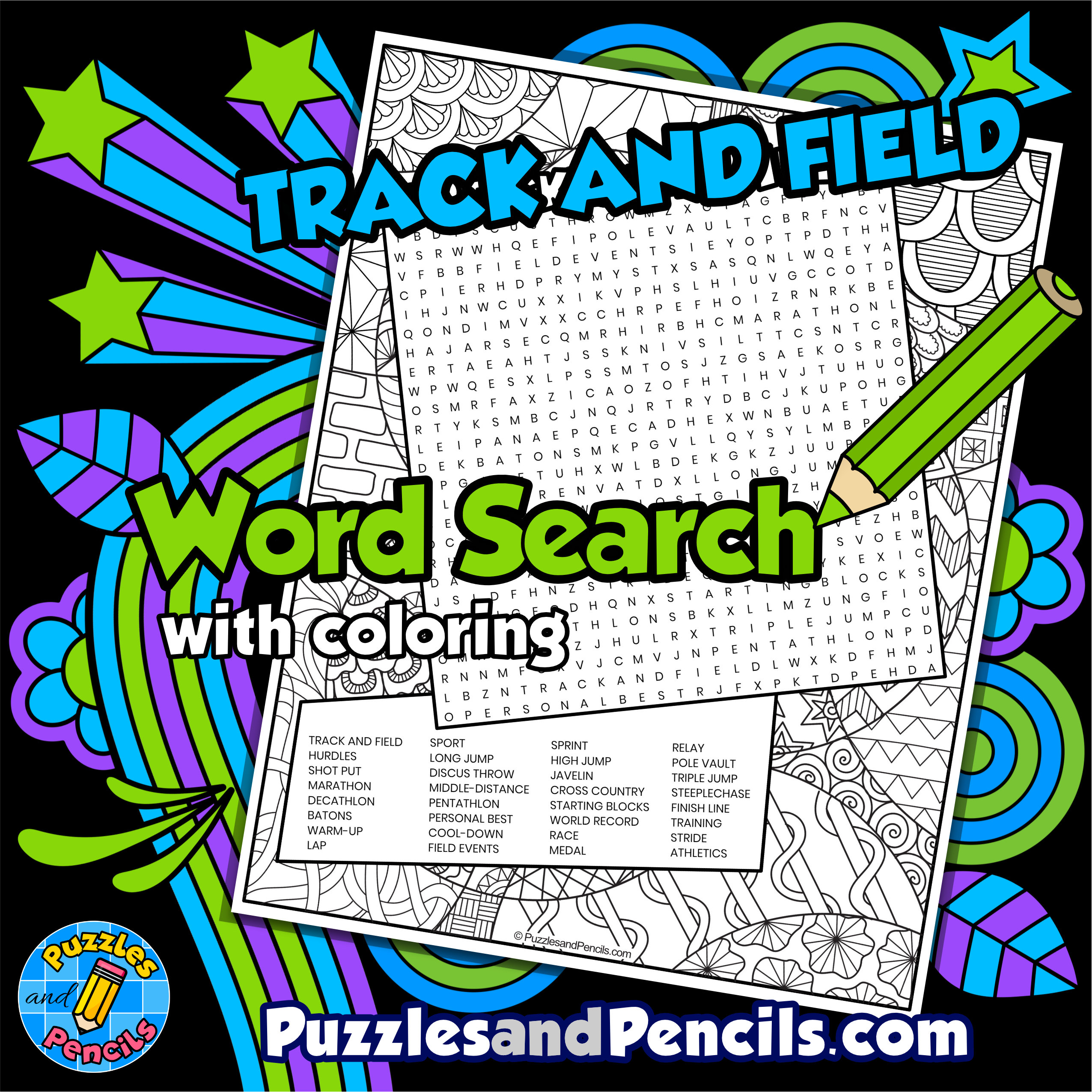 Track and field word search puzzle activity with coloring made by teachers