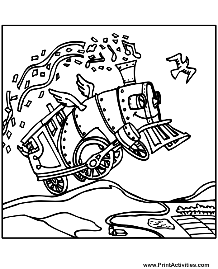 Train engine coloring page cartoon flying engine