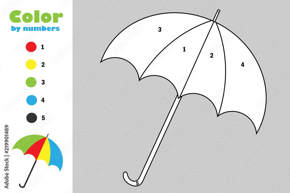 Umbrella in cartoon style color by number autumn education paper game for the development of children coloring page kids preschool activity printable worksheet vector illustration vector
