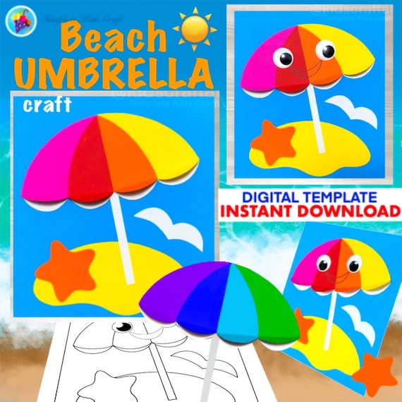 Printable beach umbrella summer craft for kids sea ocean beach day paper craft for toddlers teacher resource worksheet pattern coloring page