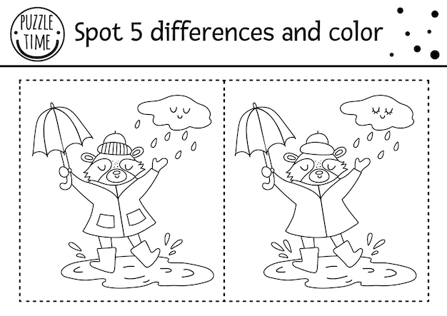 Premium vector autumn find differences game for children black and white educational activity and coloring page with raccoon under the rain with umbrella fall season printable worksheet with cute forest animal