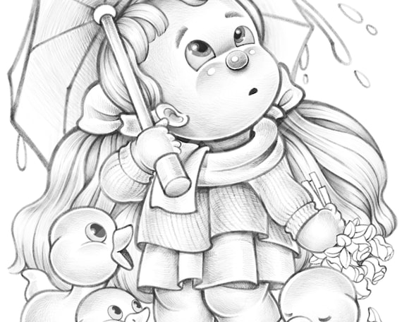 Thinking of you cute grayscale coloring page for adults and kids printable coloring page little girl ducks rain umbrella download pdf