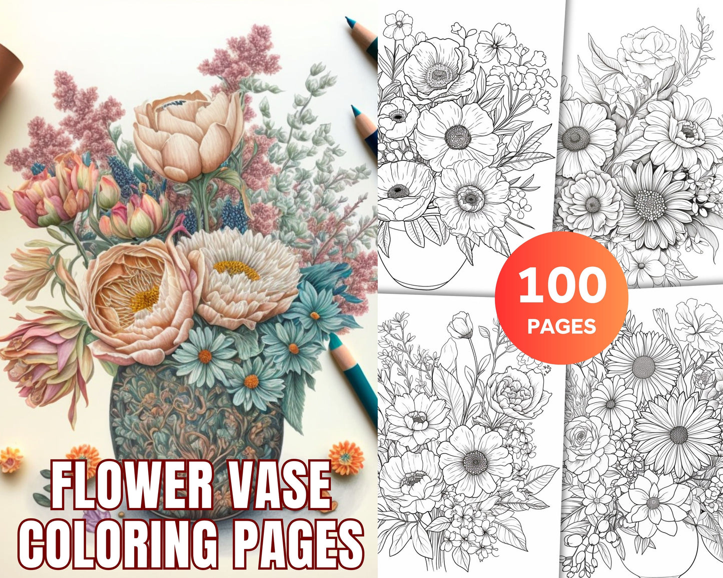 Printable flower vase coloring pages for adults floral grayscale â coloring