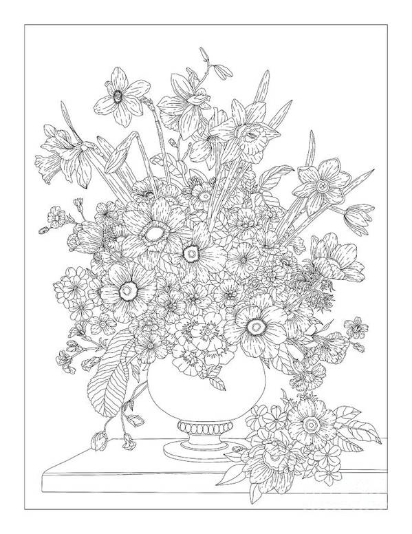 Floral fantasy flower vase coloring page art print by lisa brando