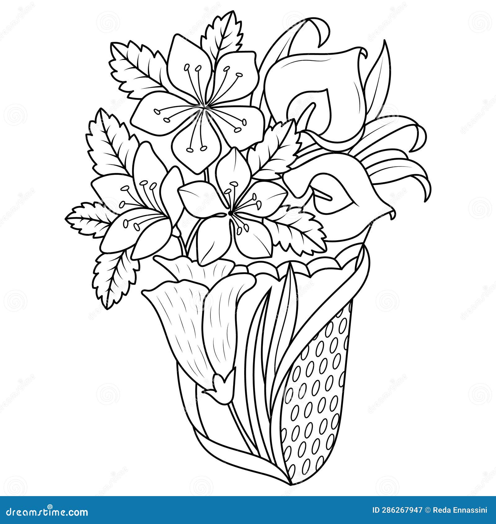 Vase with flower bouquet coloring page line art vector stock vector