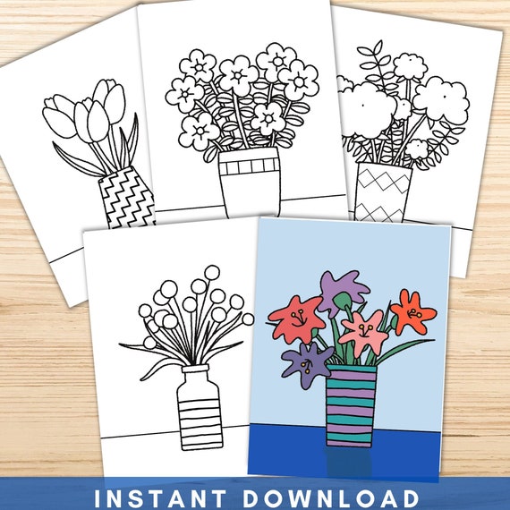 Flower vase coloring pages easy flower coloring pages kids teens adults flower birthday activity instant download kids coloring book by missy printable design llc catch my party