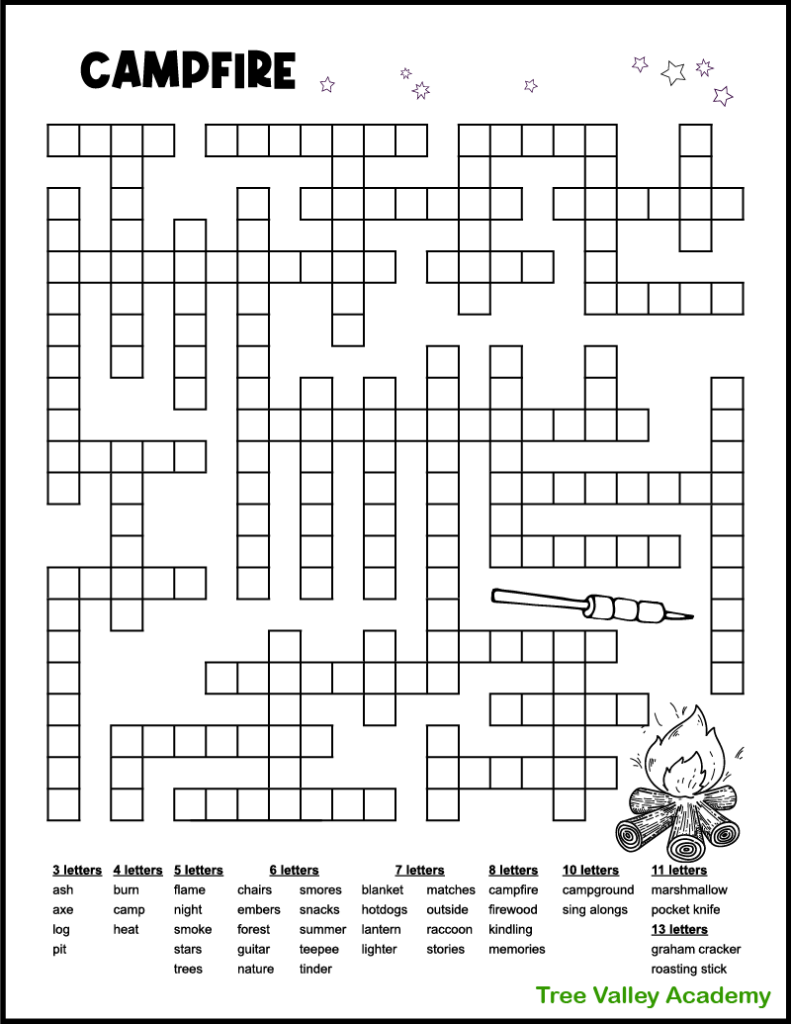 Campfire camping word fill in puzzle