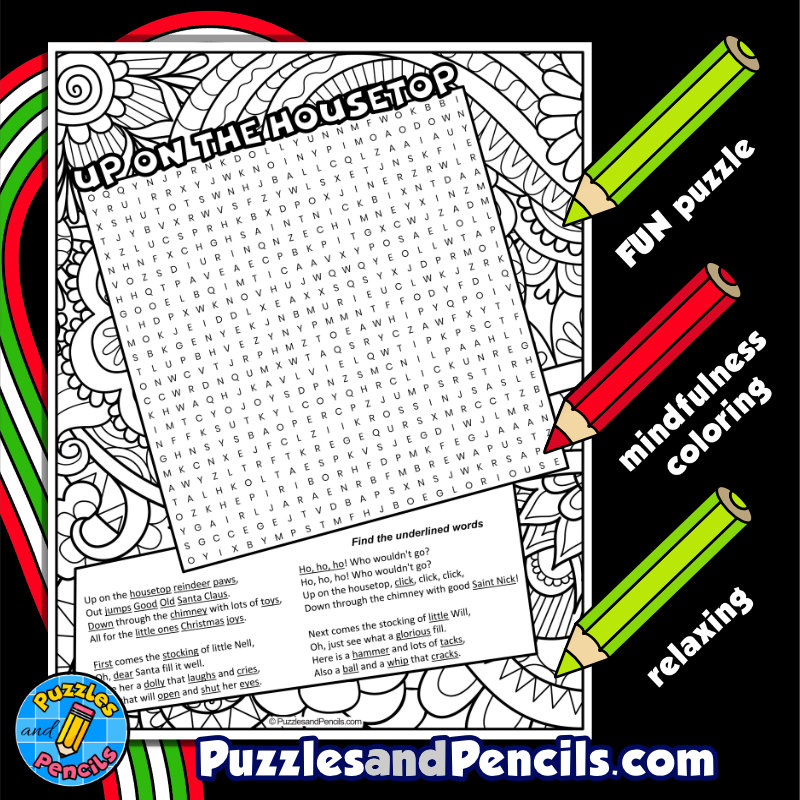 Up on the housetop word search puzzle activity page with coloring christmas holiday songs made by teachers