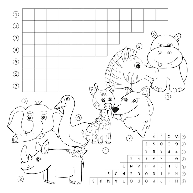 Premium vector vector crossword coloring book page education game for children about animals kids magazine coloring book word puzzle game worksheet for kids printable version