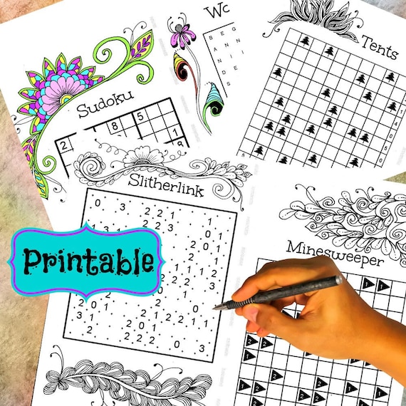 Printable word number and logic puzzles bined with adult coloring zendoodle designs for instant fun and relaxation variety pack download now