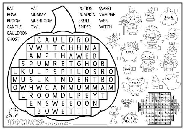 Premium vector vector black and white halloween pumpkin shaped word search puzzle for kids autumn holiday quiz for children educational activity with kawaii symbols english language cross word coloring page