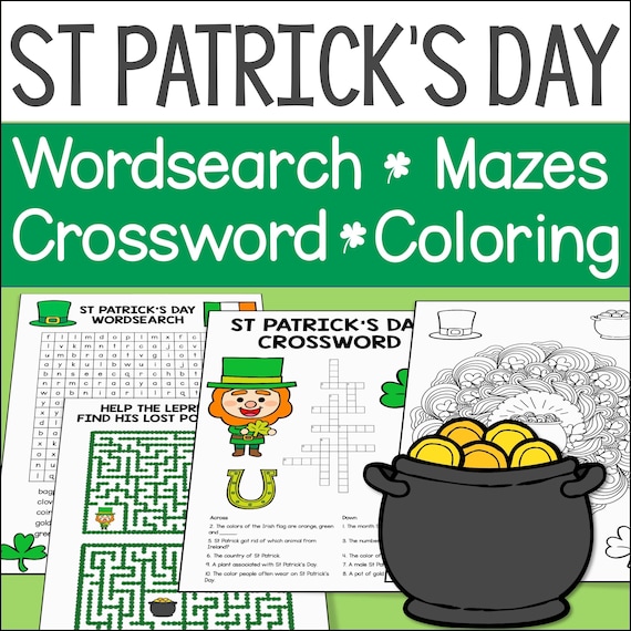 St patricks day activities for kids word search crossword puzzle coloring pages and mazes for kids printable pdf worksheets