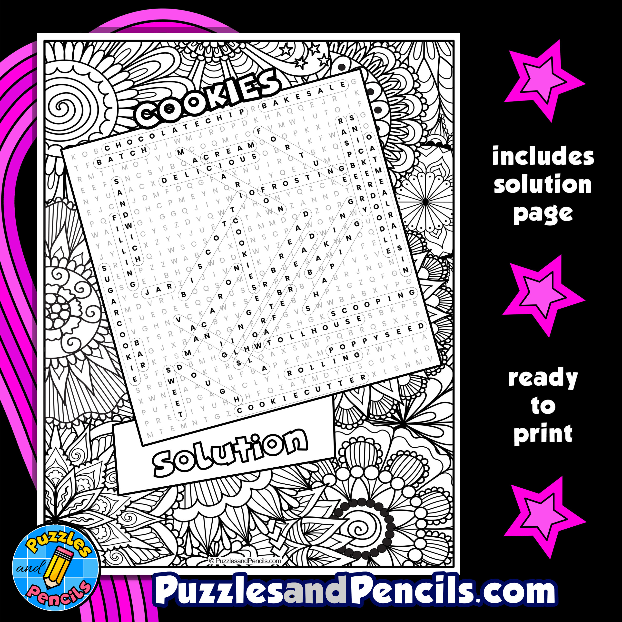 Cookies word search puzzle activity page with coloring made by teachers
