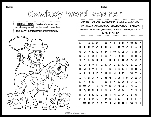 Cowboy word search coloring page