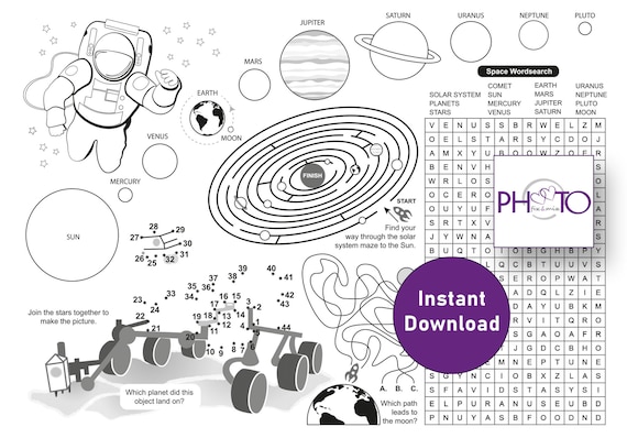 Printable space activity solar system maze colouring educational puzzles for kids space word search including planets download now