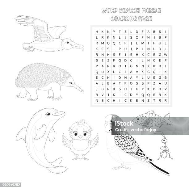 Vector crossword coloring book page education game for children about animals kids magazine coloring book word puzzle game worksheet for kids printable version stock illustration
