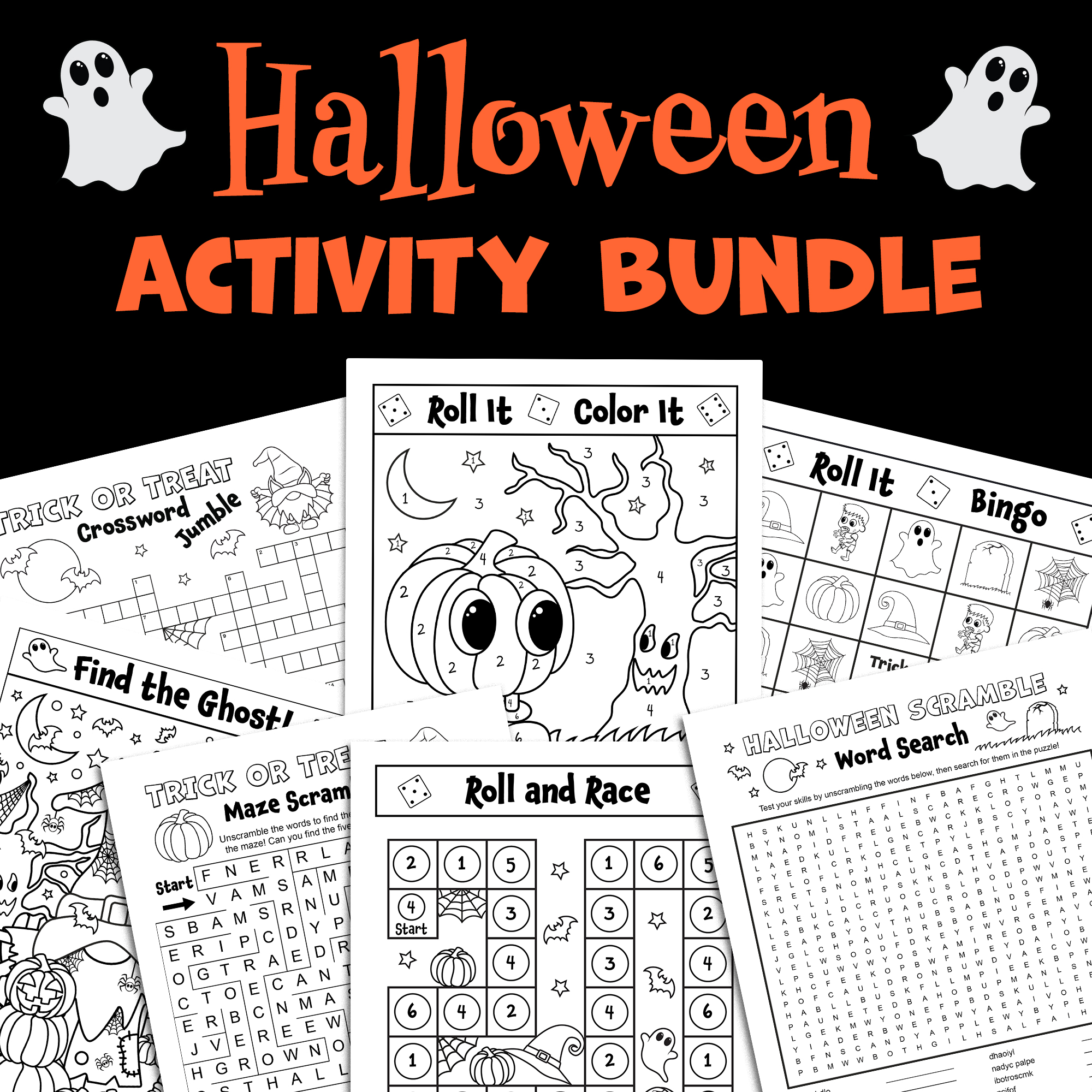 Bundle halloween activities word scramble word search crossword coloring pages dice games made by teachers