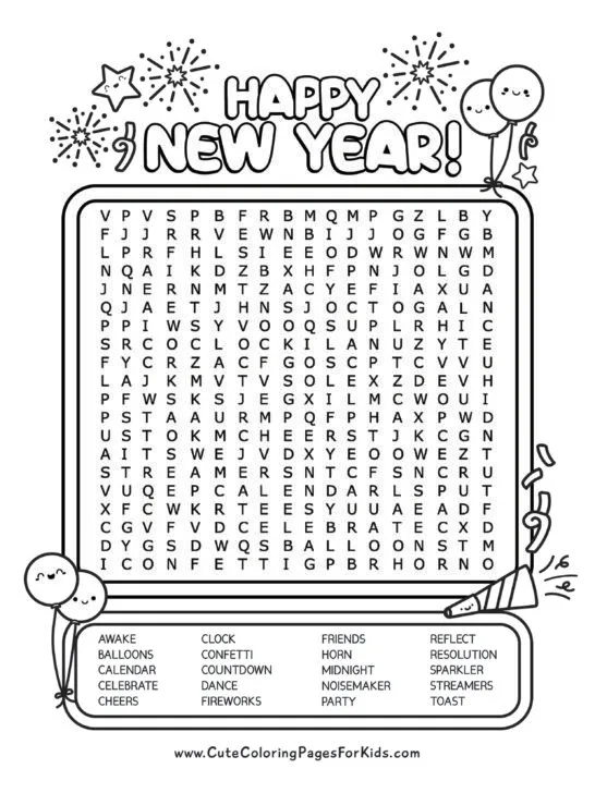 New years word search free printable pdf