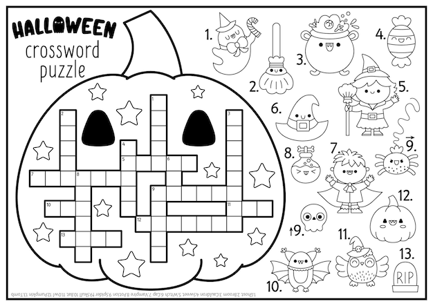 Premium vector vector black and white halloween pumpkin shaped crossword puzzle for kids autumn holiday quiz for children educational activity with kawaii symbols english language cross word coloring page