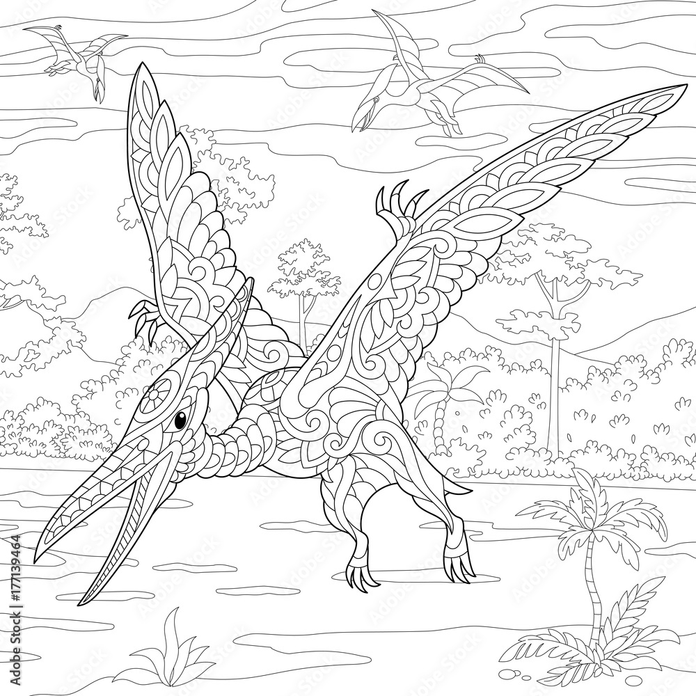 Coloring page of pterodactyl dinosaur