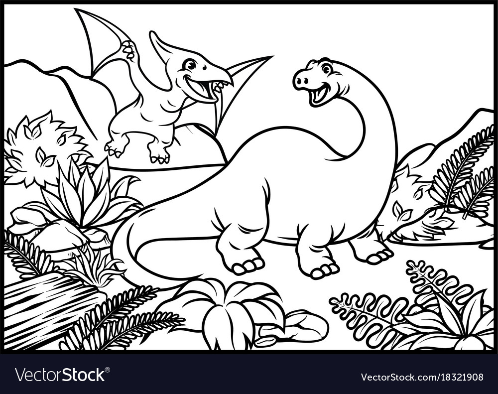 Coloring page of brontosaurus and pterodactyl vector image