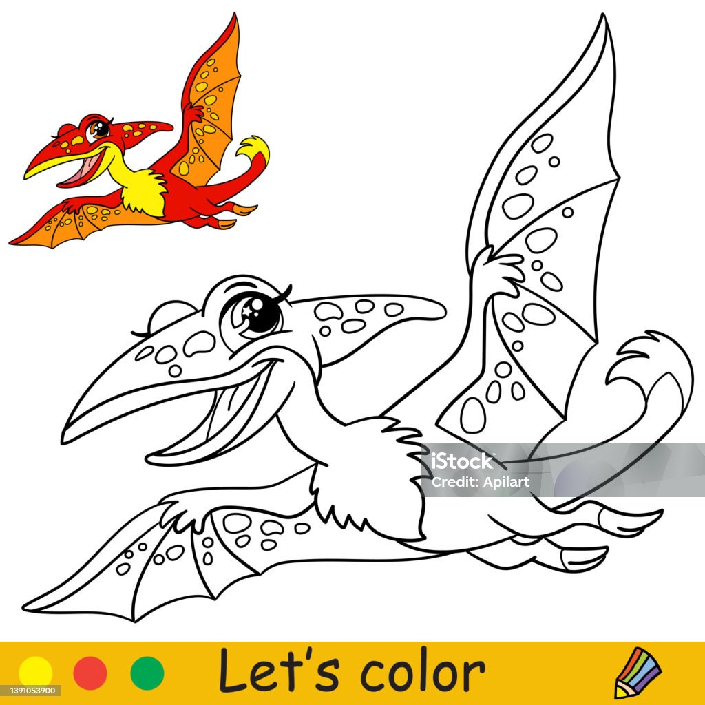 Cartoon cute dinosaur pterodactyl coloring book page vector stock illustration