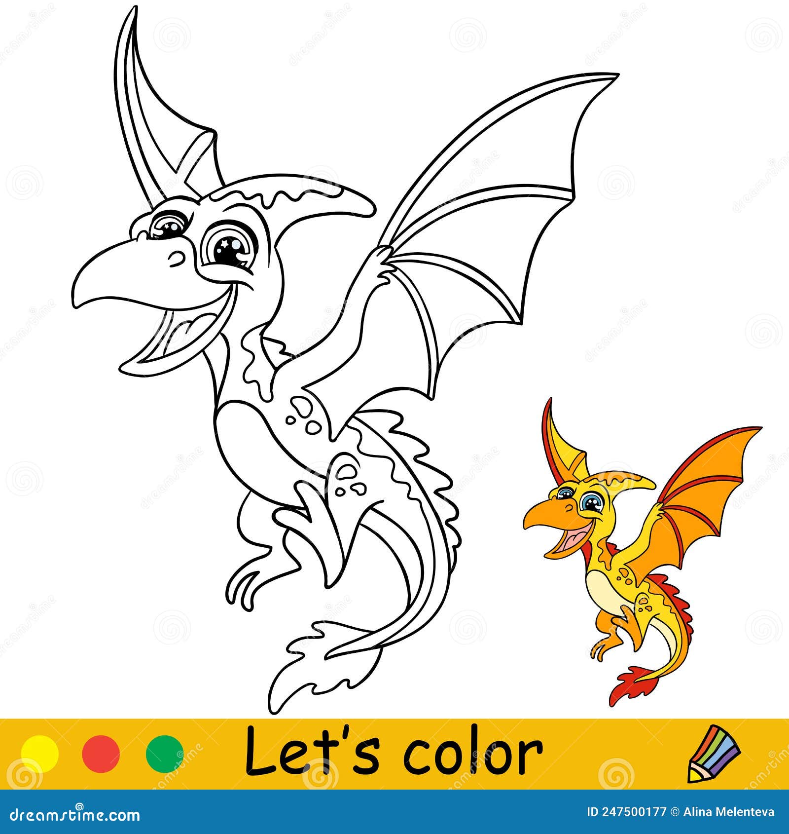 Cartoon cute dinosaur yellow pterodactyl coloring book page vector stock vector