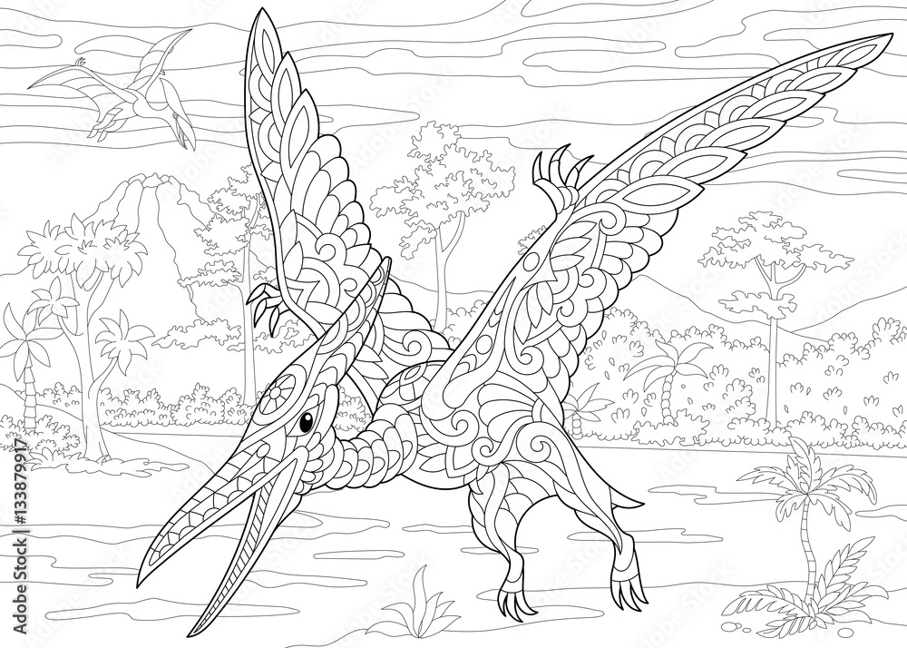 Stylized pterodactyl dinosaur pterosaur of the late jurassic period freehand sketch for adult anti stress coloring book page with doodle and zentangle elements vector