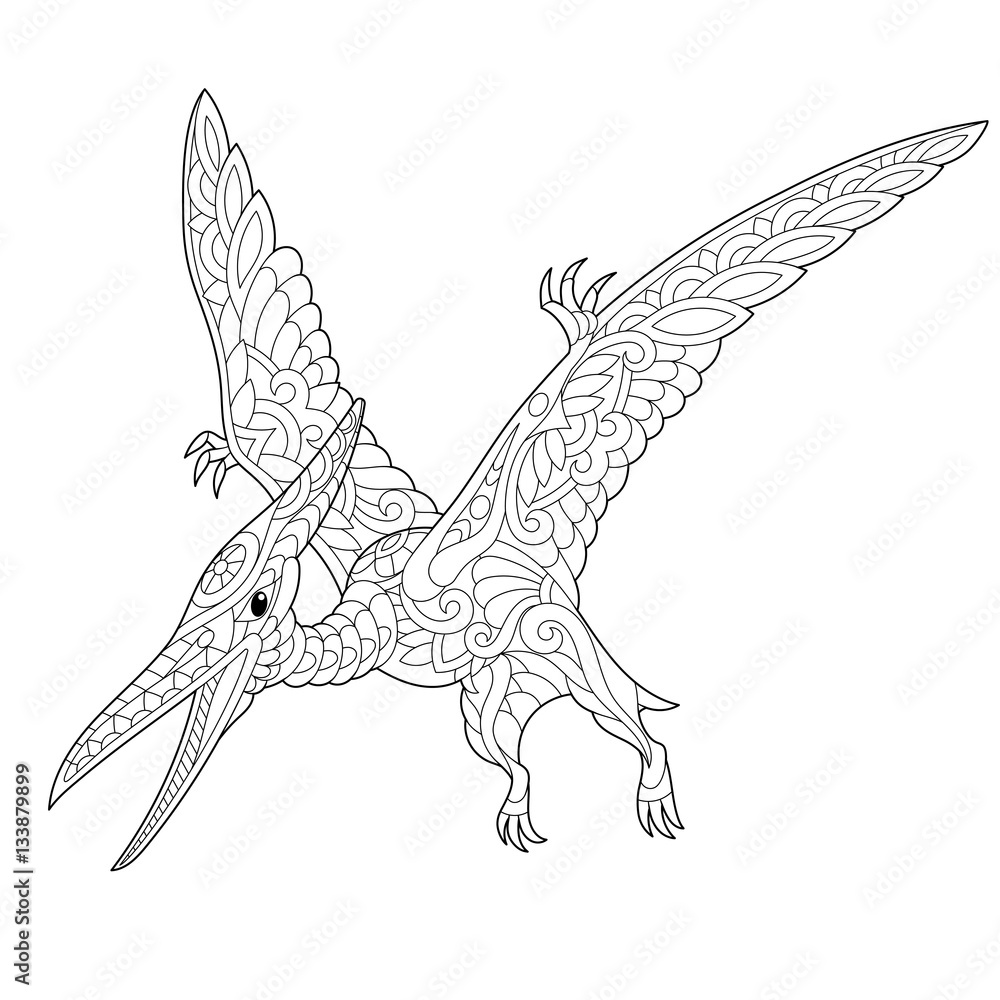 Stylized pterodactyl dinosaur pterosaur of the late jurassic period isolated on white background freehand sketch for adult anti stress coloring book page with doodle and zentangle elements vector
