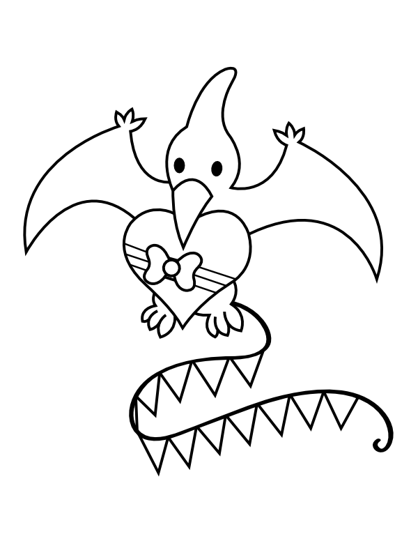 Printable pterodactyl and heart coloring page