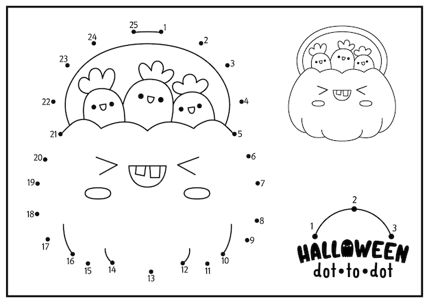 Premium vector vector halloween dottodot and color activity with cute kawaii pumpkin bag and sweets autumn holiday connect the dots game for children all saints day coloring page for kids
