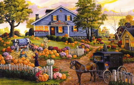 The cow and the pumpkin patch fall scene
