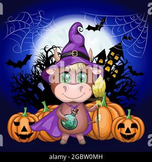 Cartoon cow bull with a potion and a broom in a purple witch hat and cloak on the background of the castle pumpkin moon halloween poster stock vector image art