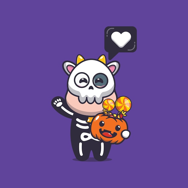 Premium vector cute cow with skeleton costume holding halloween pumpkin cute halloween cartoon illustration