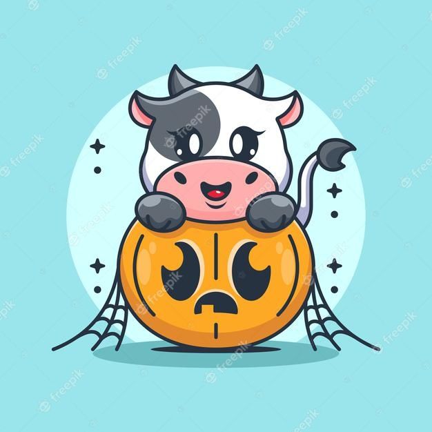 Premium vector cute cow with pumpk cartoon cartoon cow cute cows cow drawg