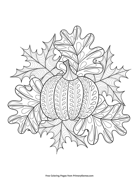 Pumpkin and fall leaves coloring page â free printable pdf from