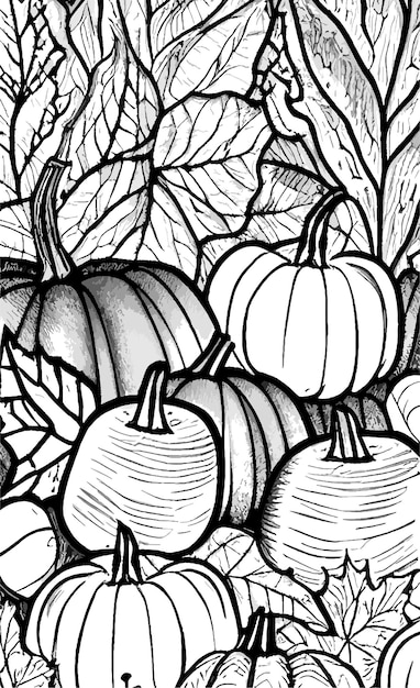Premium vector fall coloring page pumpkins and fall leaves